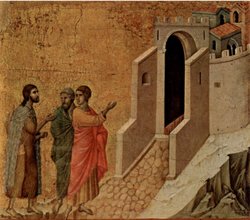 Christ appears to two apostles at Emmaus, a scene from the Maestà altar piece by 14th-century artist Duccio du Buoninsegna